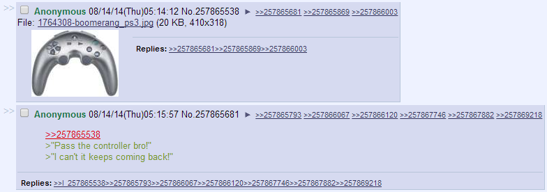 A screenshot of a 4chan post showing a grey video game controller with a white background. Below it, two anonymous users…
