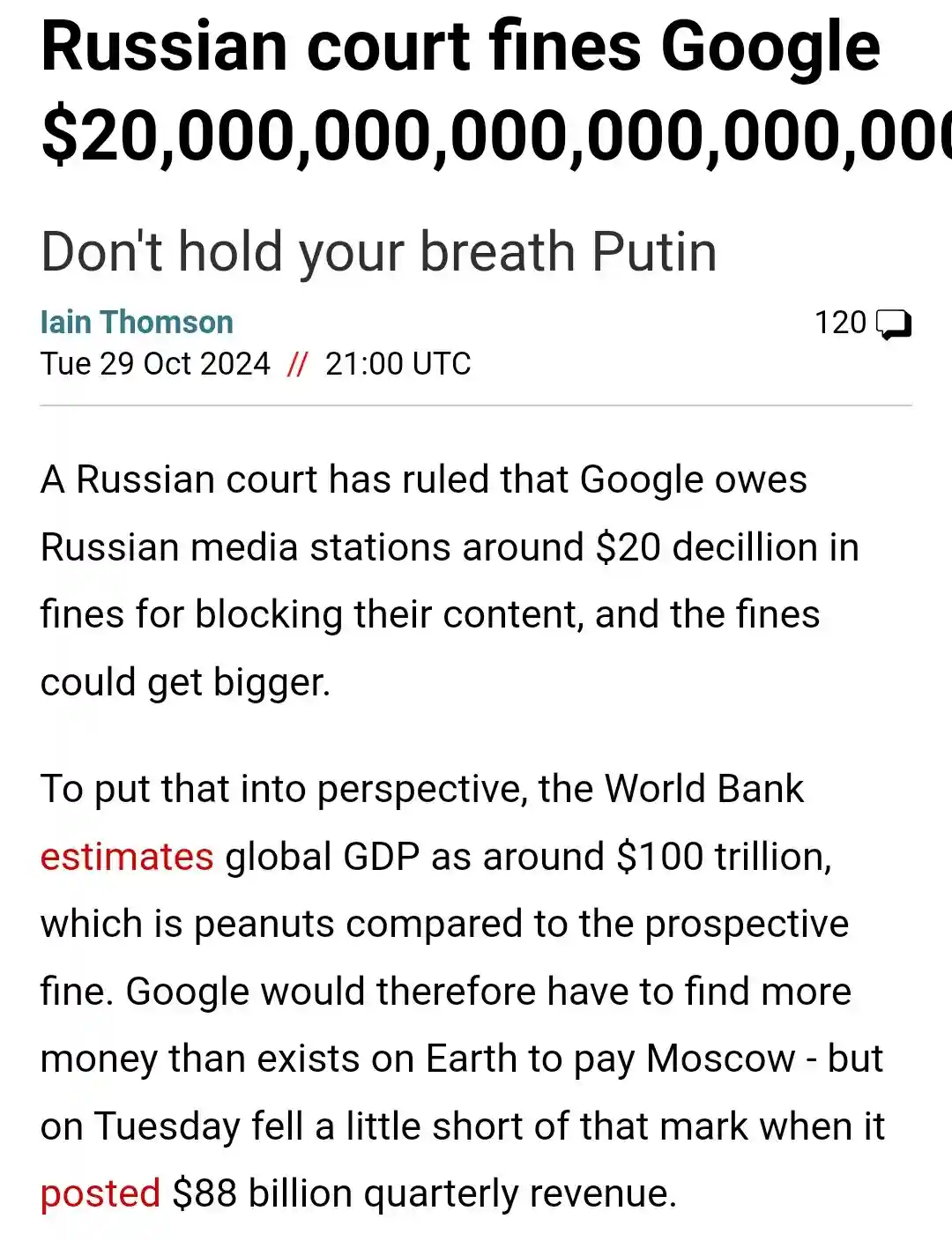 A screenshot of a news article with a headline that reads 'Russian court fines Google $20,000,000,000,000,000,000' and a…