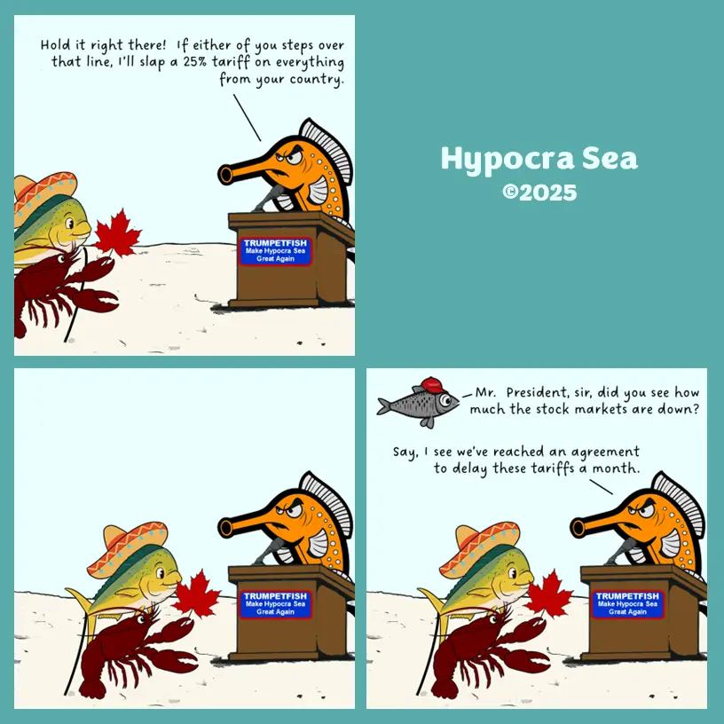 A political cartoon featuring anthropomorphic sea creatures. An orange seahorse in a presidential podium labeled…