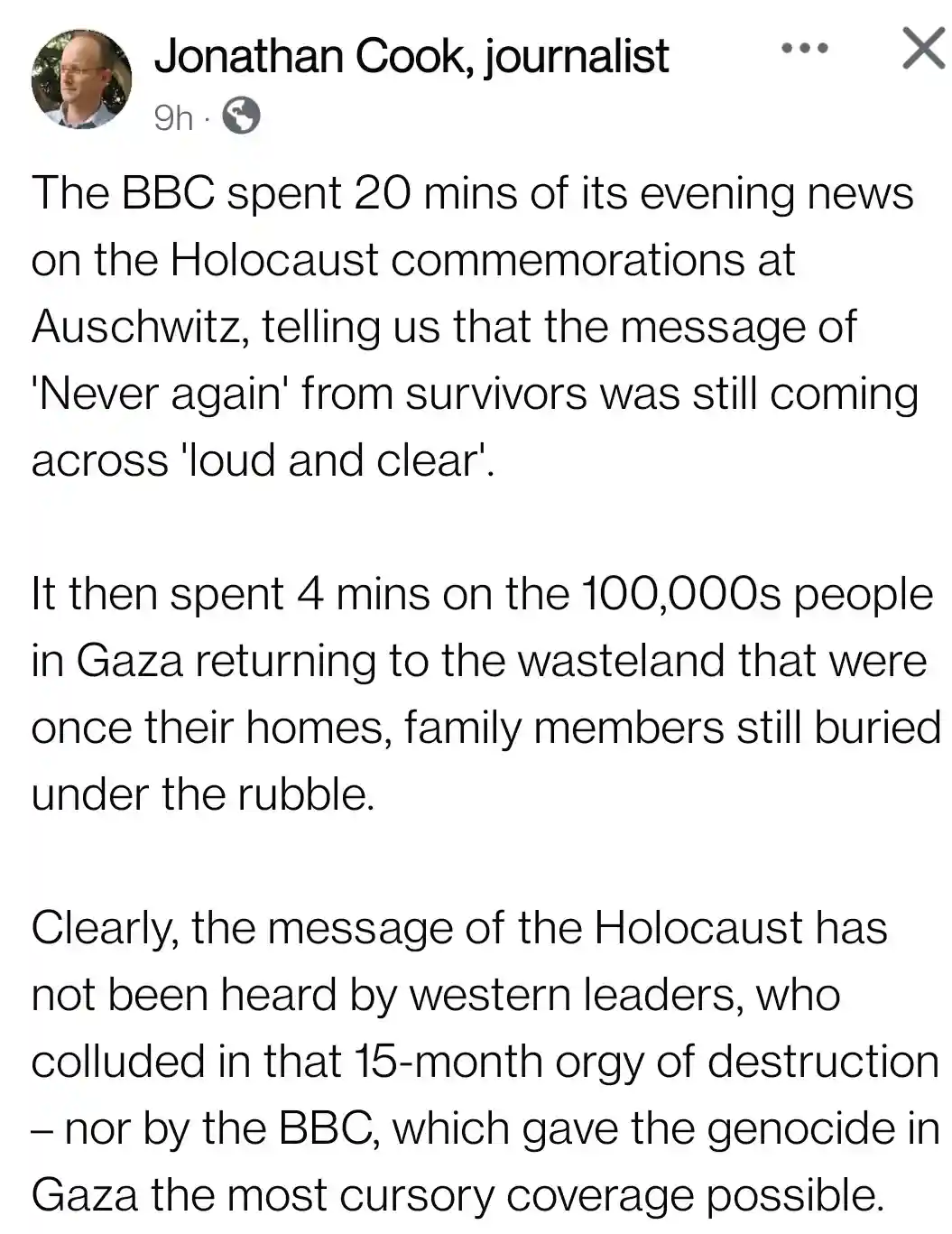A screenshot of a Facebook post by journalist Jonathan Cook criticizing the BBC's news coverage. The post claims the BBC…