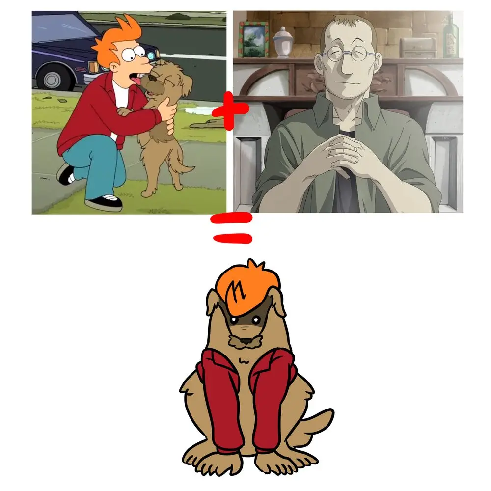 The image is a meme combining two anime characters: on the left, Futurama's Fry hugging a dog, and on the right, Mizuki from…