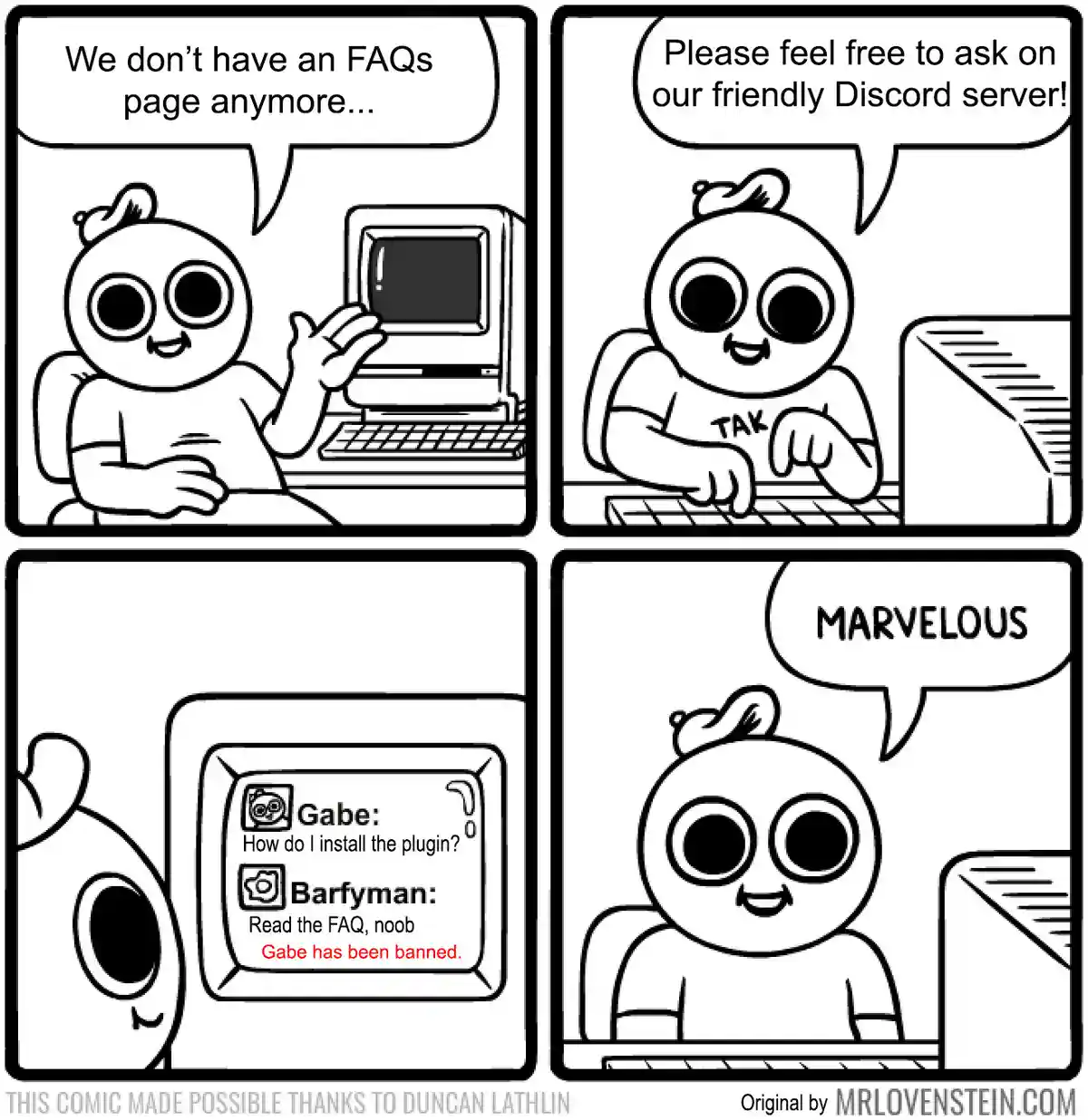 A four-panel black-and-white comic shows a character removing an FAQ page and redirecting users to a Discord server. The…