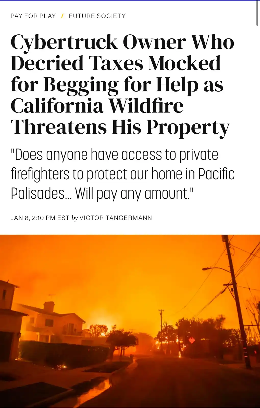 The image displays a news article headline about a Cybertruck owner who, despite previously criticizing taxes, is now…