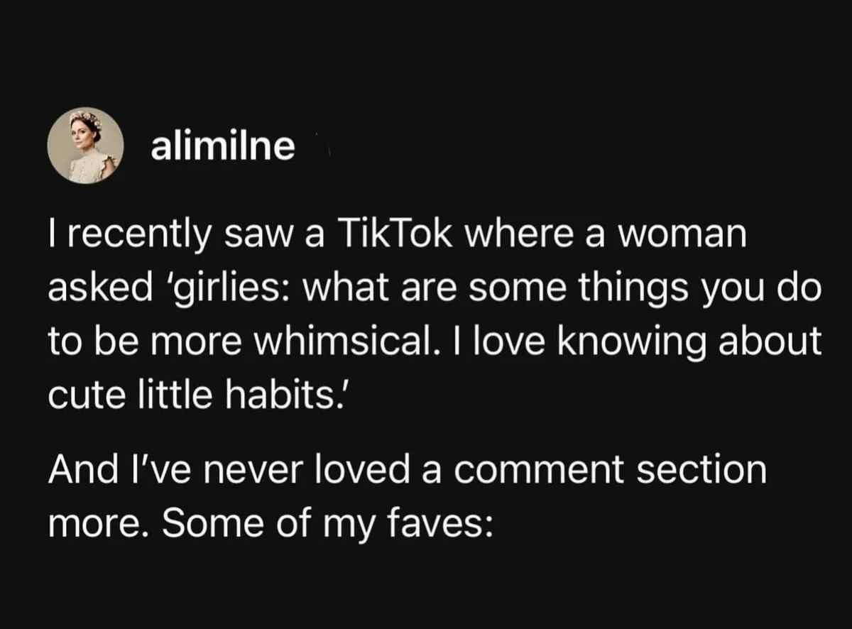 A screenshot of a social media post by user 'alimilne' with a black background and white text. The post describes seeing a…