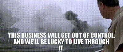 A man in a beige shirt watches a large explosion in the distance, with the text overlaid repeatedly across six panels. The…