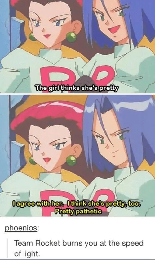 Two panels from the anime Pokémon show Team Rocket members Jessie and James. In the top panel, Jessie looks at herself in a…