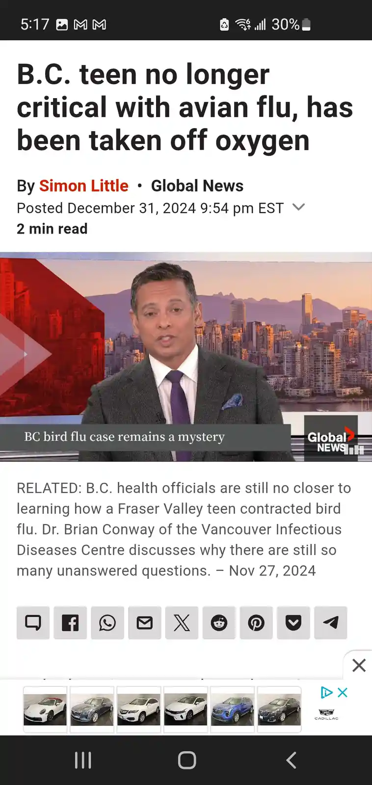 A screenshot of a Global News article headline about a B.C. teen recovering from avian flu, overlaid with the text 'B.C…