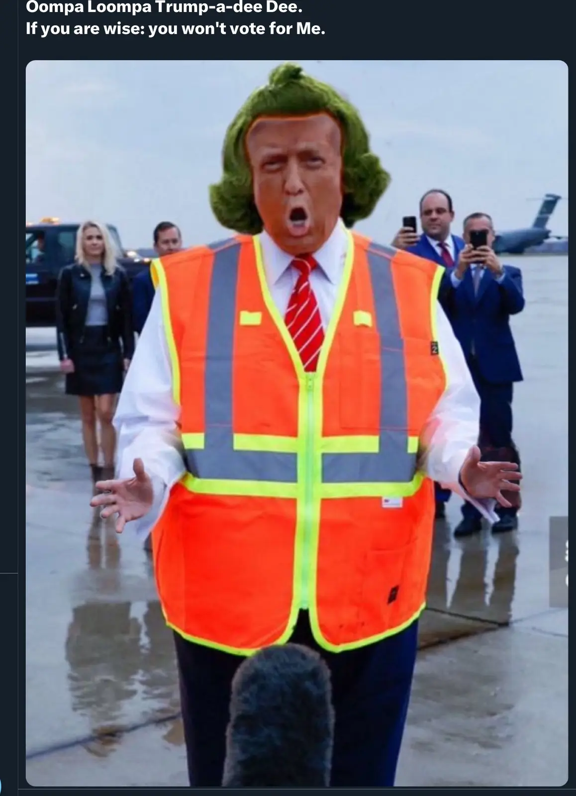 A person with a digitally altered face resembling Donald Trump, wearing a green Oompa Loompa wig and an orange construction…