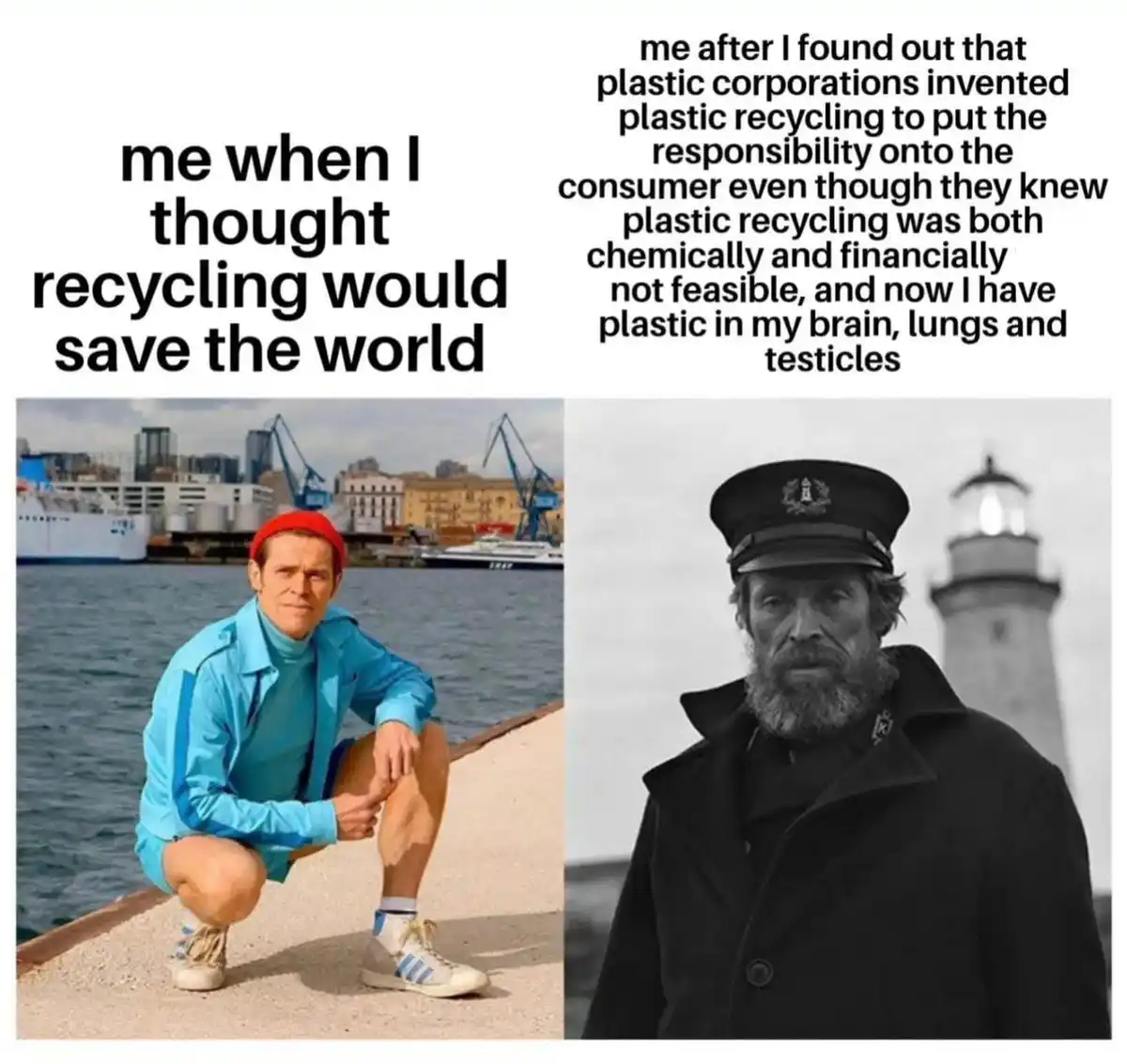 The image is a two-panel meme. The left panel shows a man in bright blue clothing and a red beanie crouching by water, with…