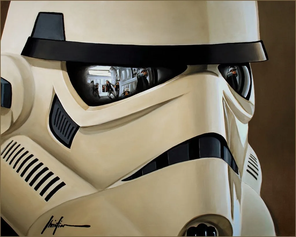 A close-up painting of a stormtrooper helmet, with its reflective visor showing a scene of people running in a hallway. The…