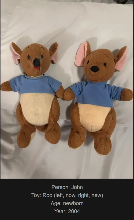 Two identical plush kangaroo toys wearing blue shirts lie side by side on a white surface. The overlaid text identifies them…