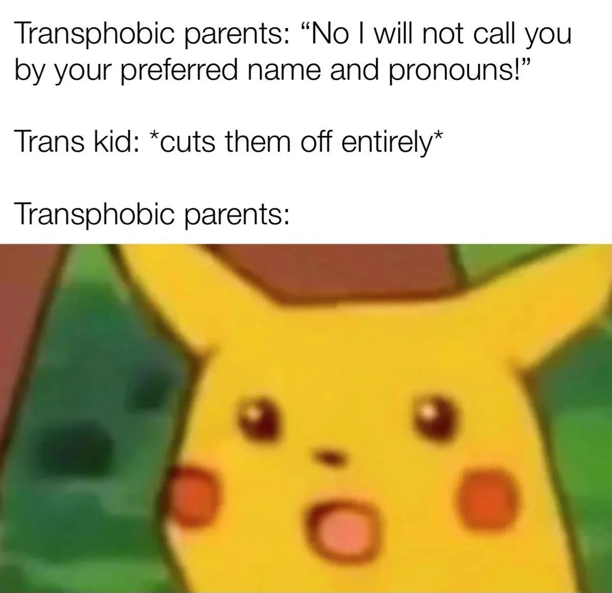 The image shows a close-up of Pikachu with a surprised expression, mouth open. Above it, text describes a scenario where…