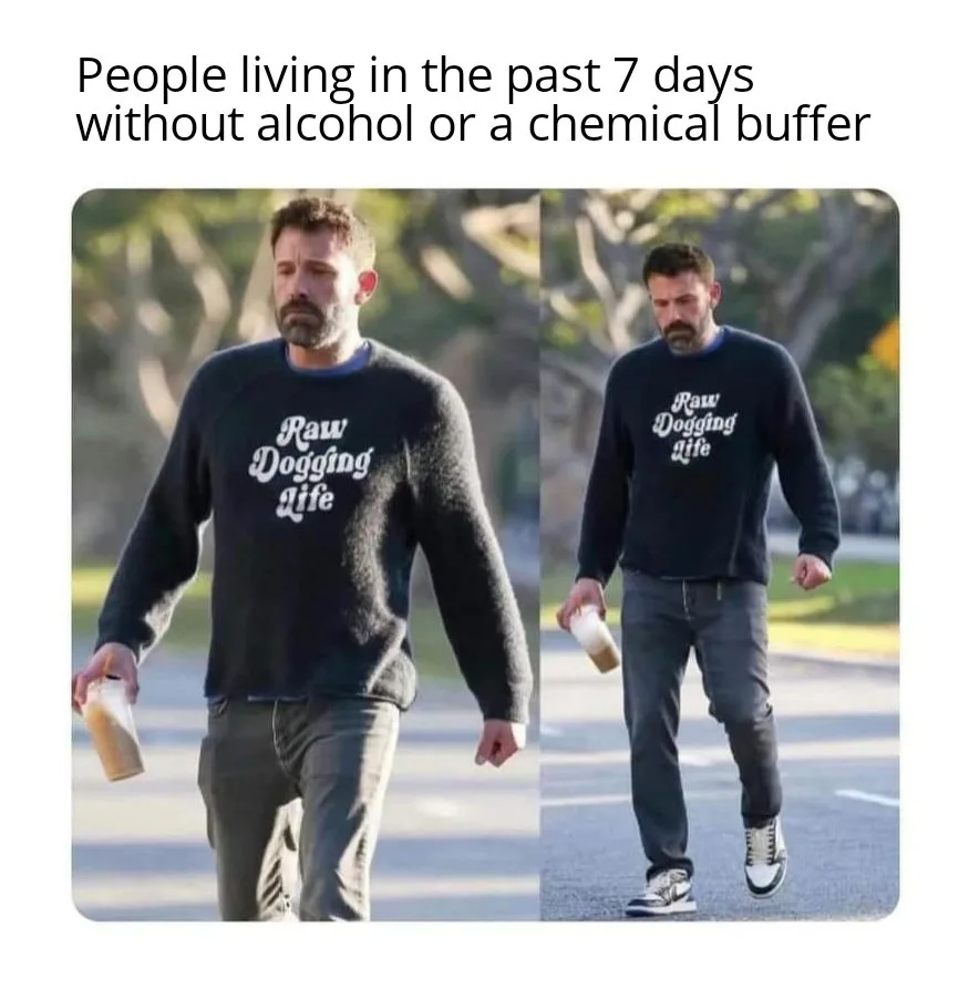 A split image shows actor Ben Affleck walking outdoors in two nearly identical poses, wearing a dark sweatshirt with 'Raw…
