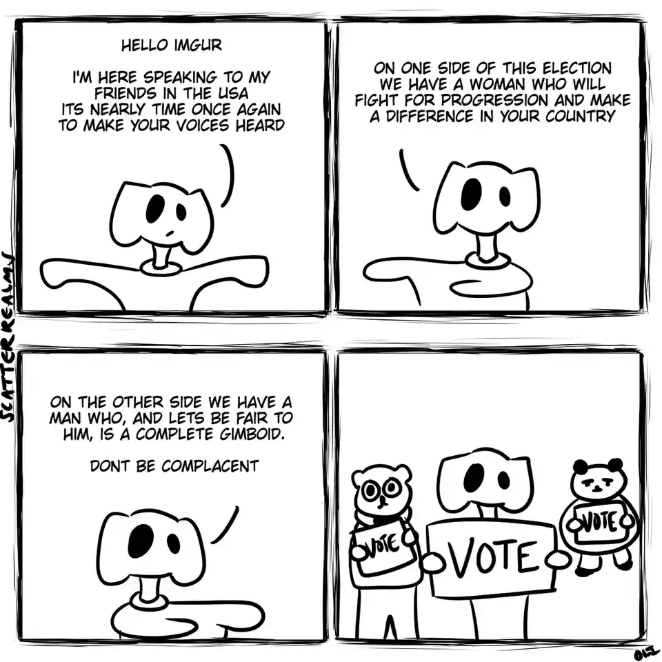 A four-panel comic strip features a simple cartoon character addressing an audience, describing a political election with…