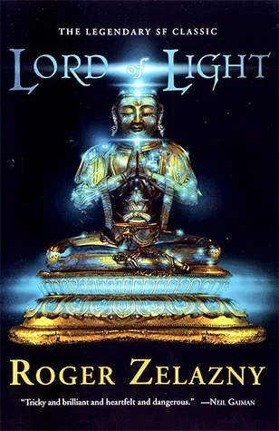 A book cover for 'Lord of Light' by Roger Zelazny, featuring a glowing, golden, seated Buddha-like figure with a radiant…