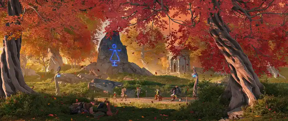 A fantasy landscape with autumnal red and orange trees, a glowing blue symbol on a rock, and a group of adventurers walking…