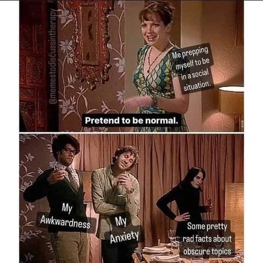 The top panel shows a woman smiling while text says 'Me prepping myself to be in a social situation.' The bottom panel shows…