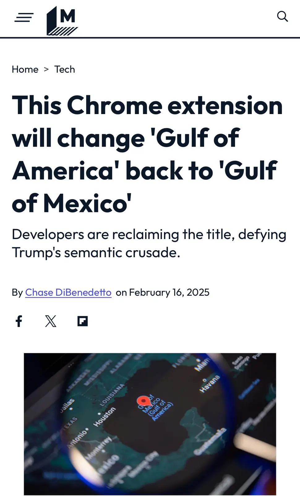 A screenshot of a news article headline about a Chrome extension that reverts the name 'Gulf of America' back to 'Gulf of…