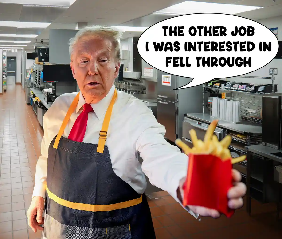 A man resembling Donald Trump, wearing a white shirt, red tie, and a dark apron with yellow straps, stands in a commercial…