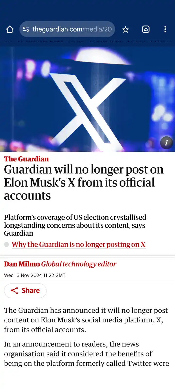 A screenshot of a The Guardian news article headline announcing that the Guardian will no longer post on Elon Musk's social…