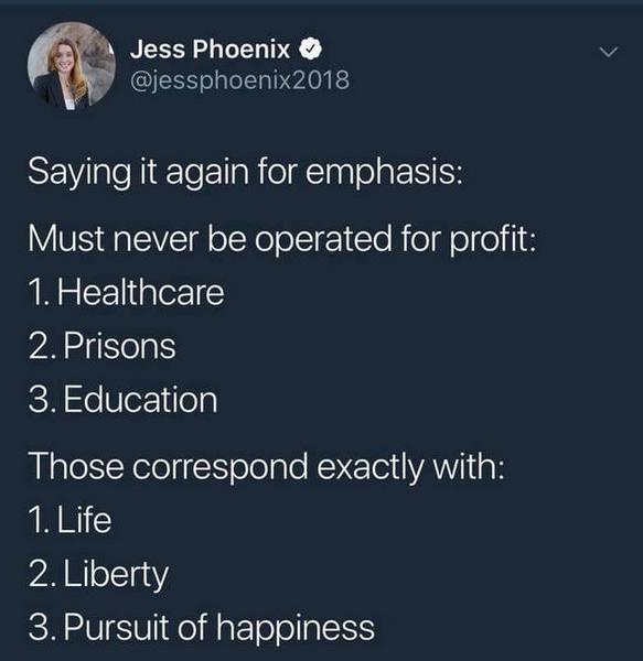 A screenshot of a tweet by Jess Phoenix showing a list of three sectors that must never be operated for profit: healthcare…