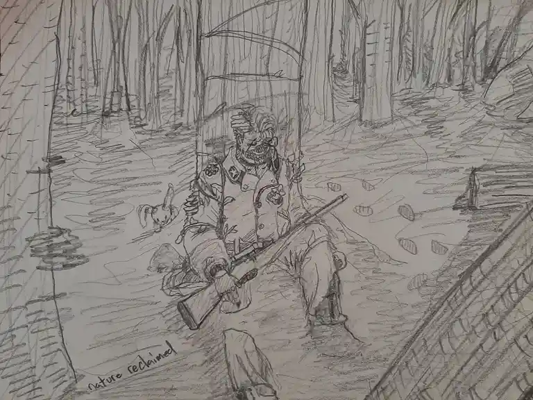 A pencil sketch depicts a skeletal, zombie-like soldier in a military uniform sitting in a broken, overgrown chair in a…