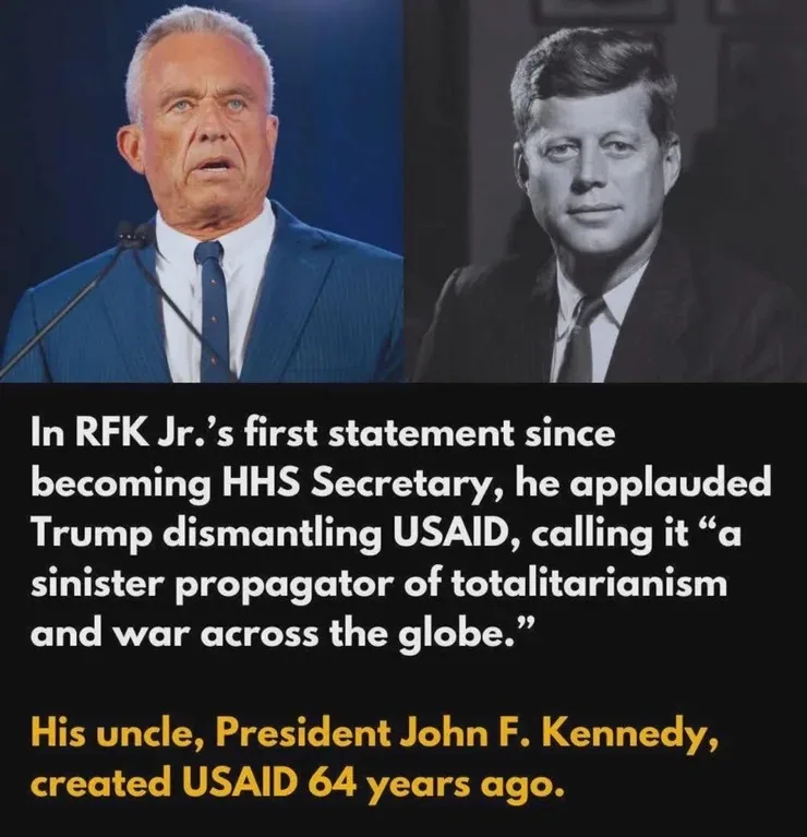 The image displays two side-by-side portraits: a modern color photo of RFK Jr. speaking at a podium, and a black-and-white…