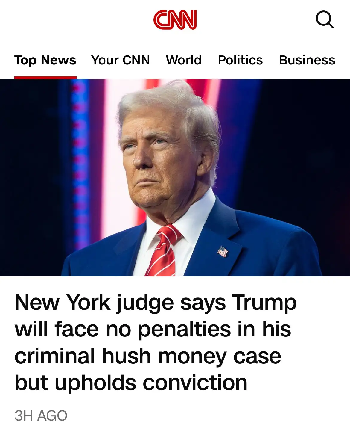 A screenshot of a CNN news article featuring a photo of Donald Trump looking serious, wearing a blue suit, white shirt, and…