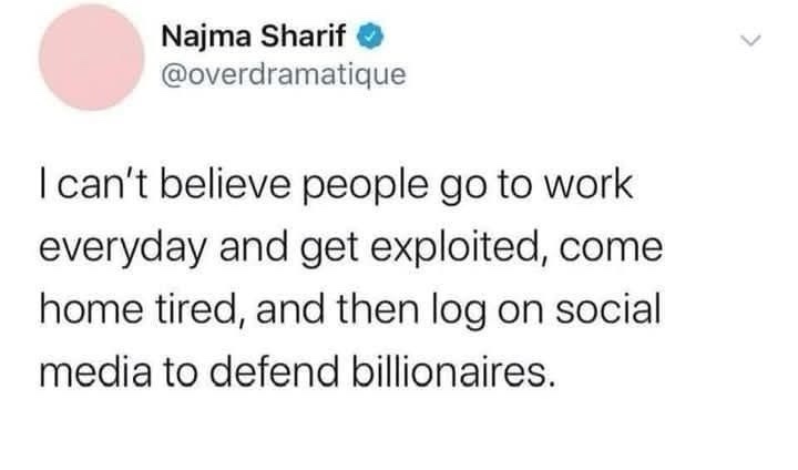 A screenshot of a tweet by Najma Sharif (@overdramatique) with a pink circular profile picture. The tweet text reads: 'I…