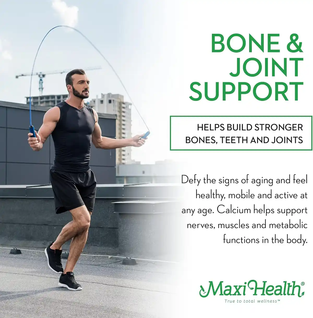 A muscular man in athletic wear is jumping rope on a rooftop with a city skyline in the background. Overlaid text promotes…