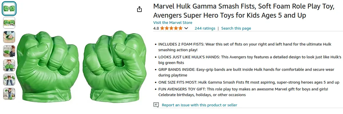 An online product listing for 'Marvel Hulk Gamma Smash Fists' shows two large, green, foam fists designed to resemble Hulk's…