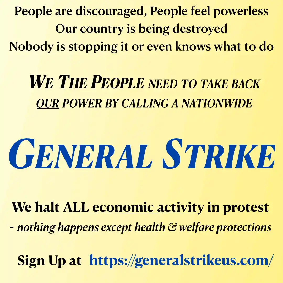 The image displays three identical yellow posters arranged side-by-side, each promoting a 'General Strike' with bold blue…