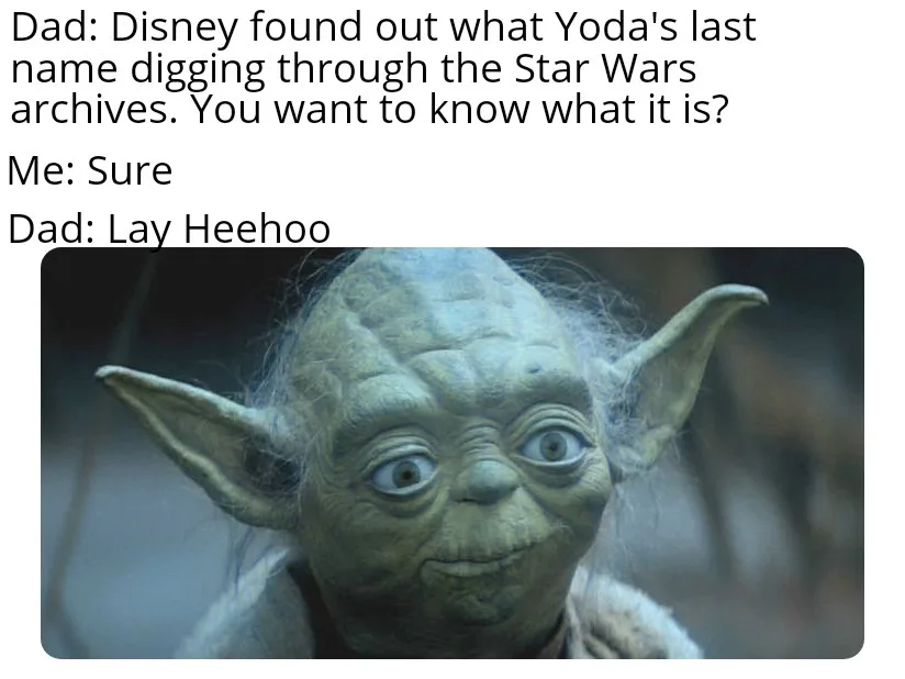 The image shows a close-up of the green-skinned, pointed-eared Jedi Master Yoda with a wide-eyed, slightly mischievous…