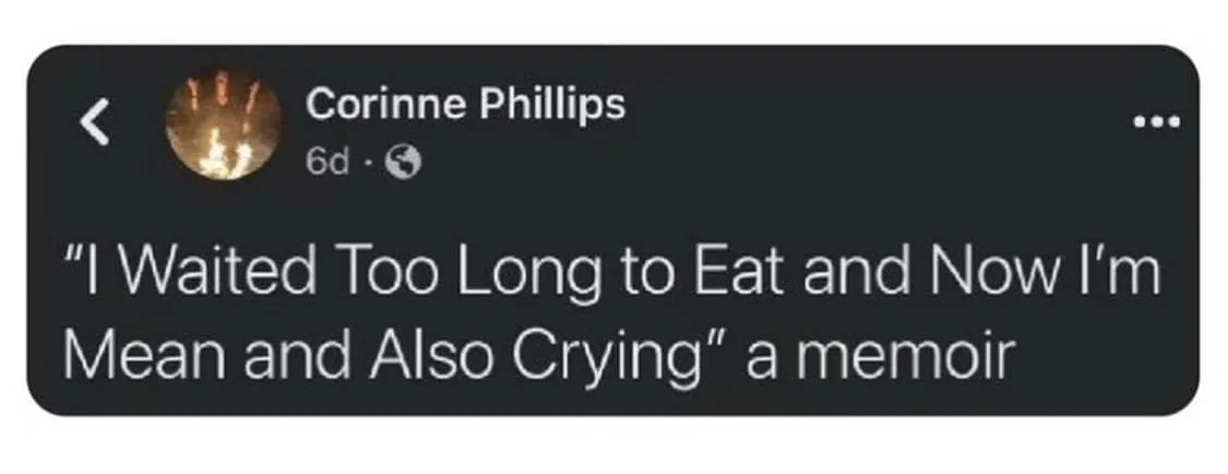 A screenshot of a social media post by Corinne Phillips, showing a dark-themed interface with white text. The post reads: "I…