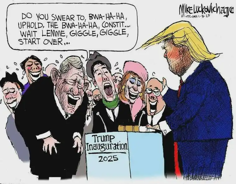 A political cartoon depicts Donald Trump at a 2025 inauguration podium, visibly struggling to recite an oath of office while…