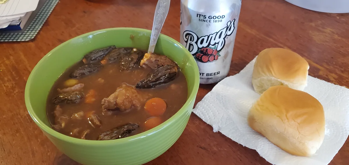A green bowl of stew with meat, carrots, and beans sits on a wooden table next to a can of Barg's Root Beer and two dinner…