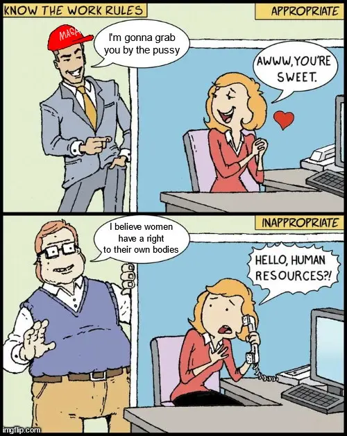 A two-panel comic strip shows a man in a suit and red 'MASH' cap saying 'I'm gonna grab you by the pussy' to a smiling woman…