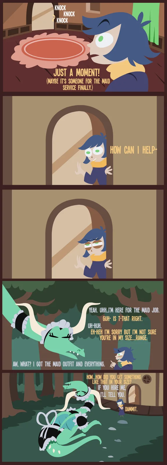 A four-panel comic strip featuring a blue-haired character who answers the door expecting a maid service, only to be…