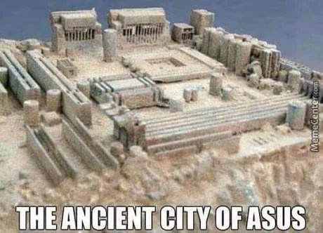 A 3D model of an ancient city with stone buildings, columns, and terraces, overlaid with bold white text reading 'THE…