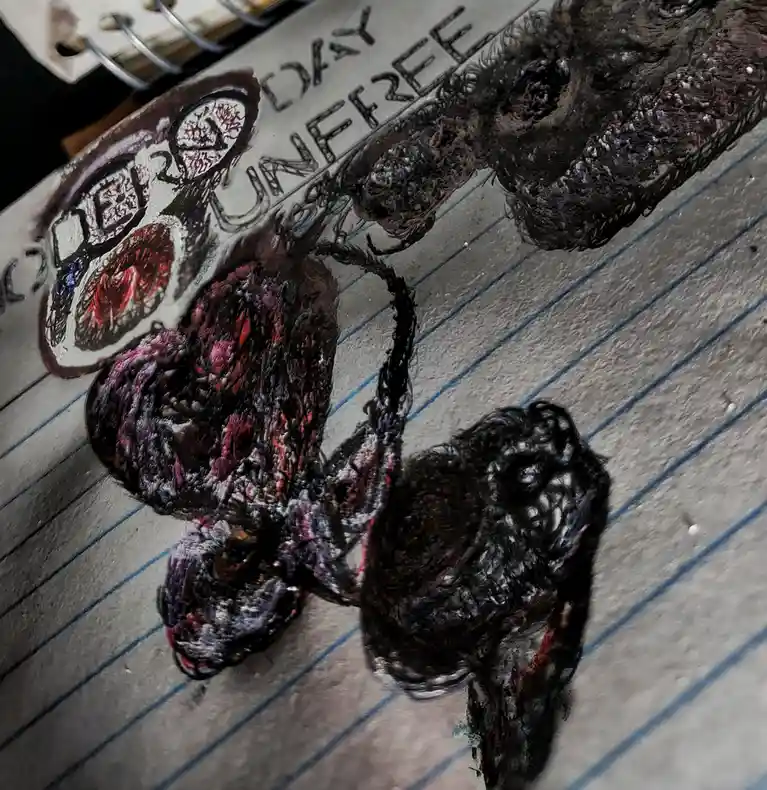 A hand-drawn, grotesque, textured creature with multiple limbs and a distorted face is sketched on lined notebook paper…