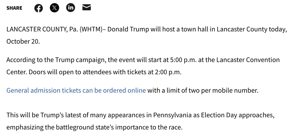 The image displays a news article snippet with black text on a white background, detailing Donald Trump's upcoming town hall…