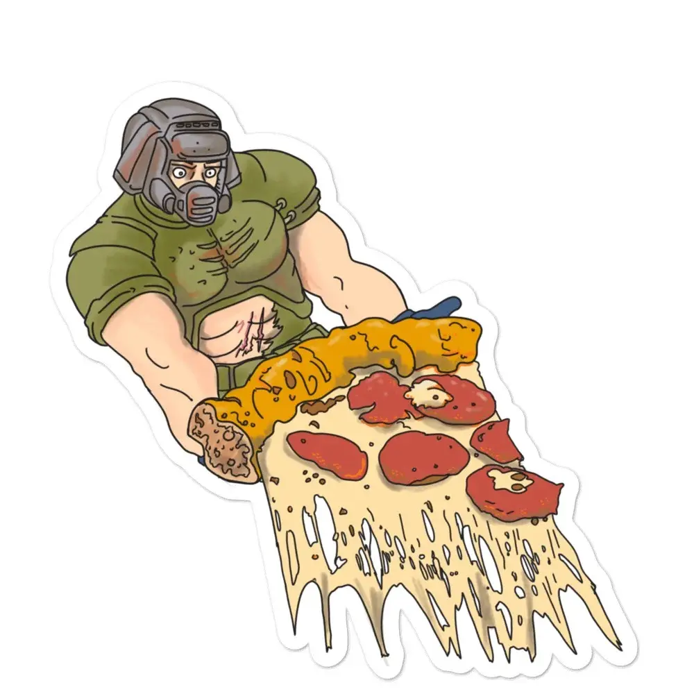 A cartoon illustration shows a muscular man in a green shirt and gas mask, holding a giant, messy slice of pepperoni pizza…