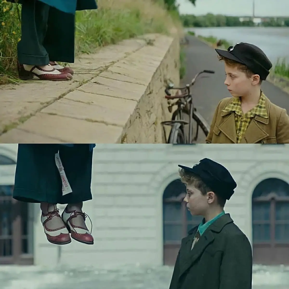 The image is a two-panel meme from the movie 'The Boy in the Striped Pajamas'. The top panel shows a young boy looking up at…