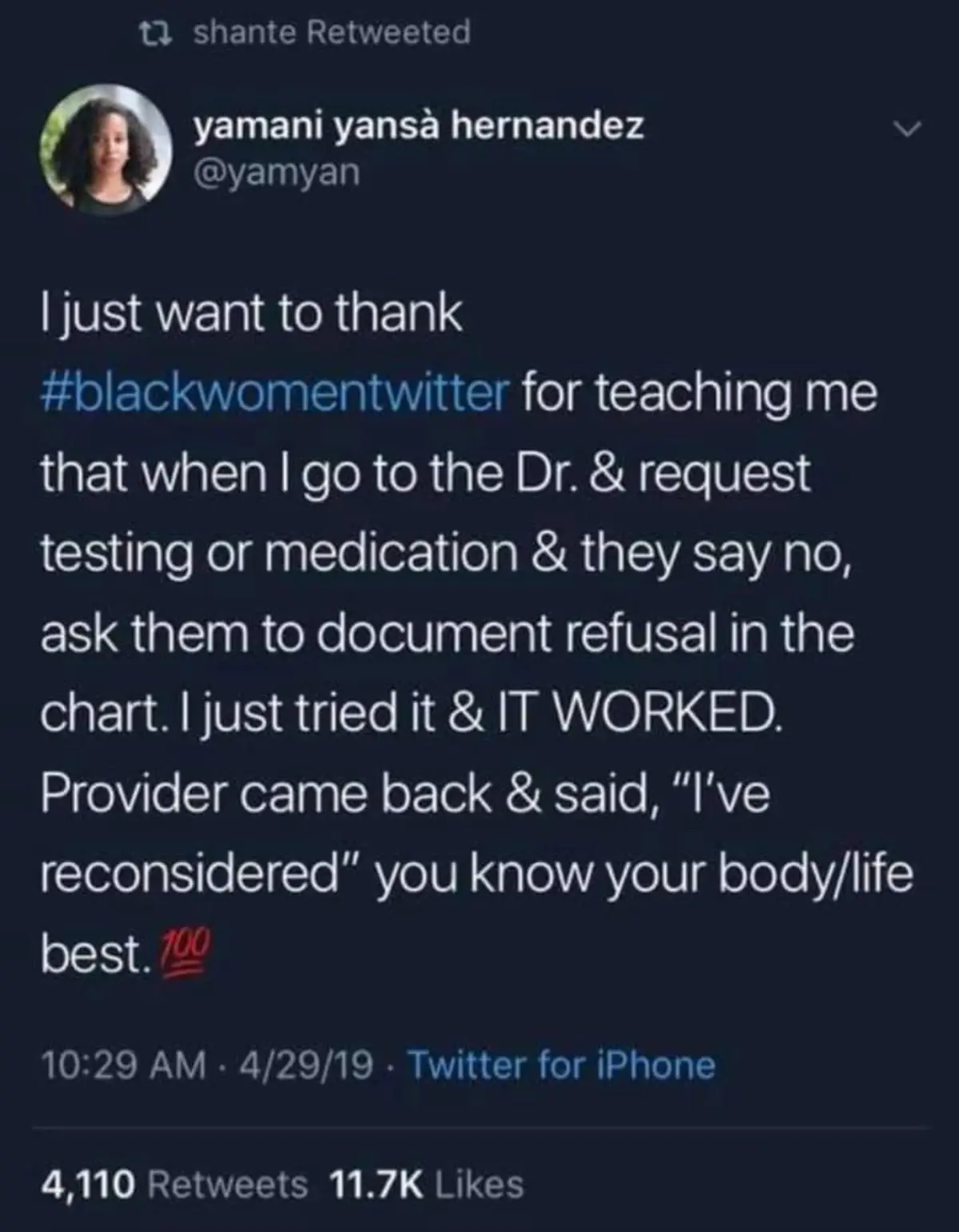 A screenshot of a Twitter post by Yamani Yansà Hernandez (@yamyan) from April 29, 2019, where she shares how she…