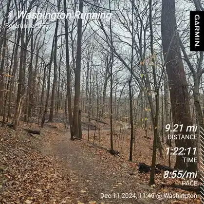 A screenshot from a Garmin Forerunner 955 running watch displays a trail run through a leaf-covered forest in Washington on…
