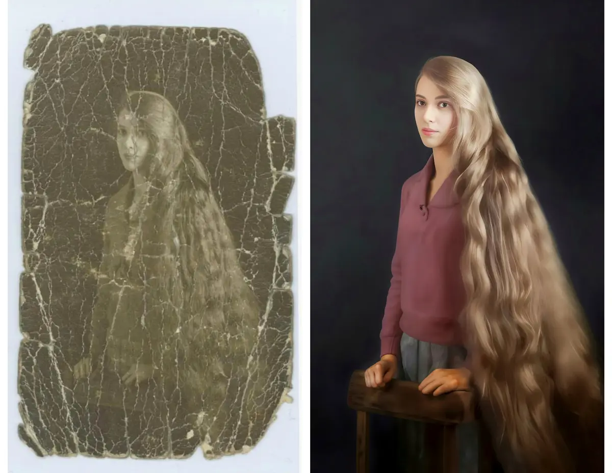 The image is a side-by-side comparison: on the left, a very old, faded, and heavily cracked photograph of a woman with long…