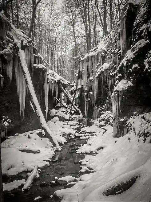 A black-and-white photograph of a snowy, icy gorge with icicles hanging from rock faces and snow-covered ground, featuring a…