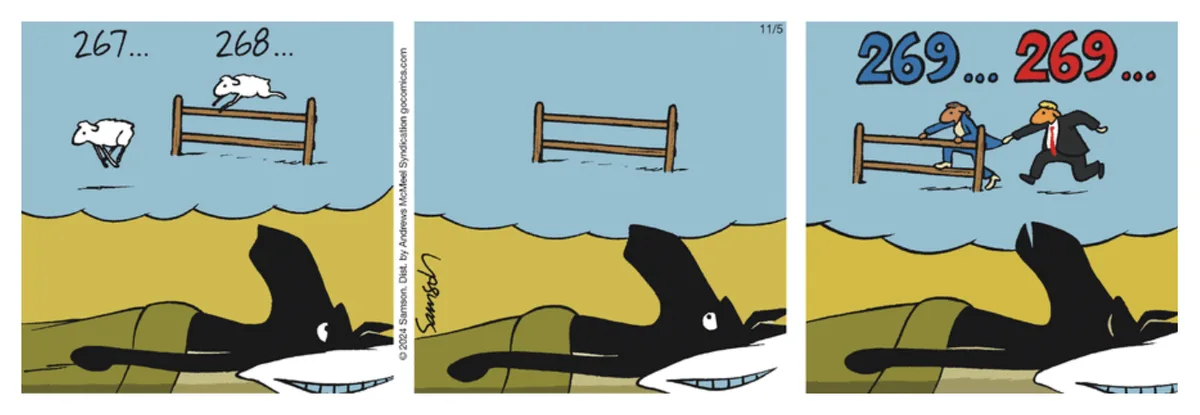 A three-panel comic strip shows sheep jumping over a fence while a large shark sleeps below. The first panel shows two sheep…
