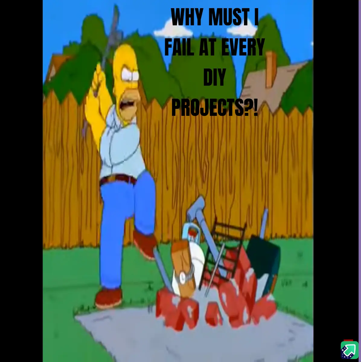 Homer Simpson from The Simpsons stands in his yard, holding a hammer with a frustrated expression, surrounded by scattered…