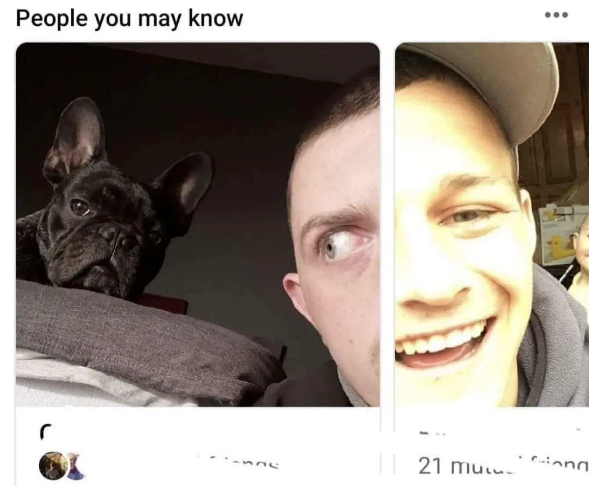 The image displays a split-screen Facebook-style 'People You May Know' suggestion. On the left, a black French bulldog with…